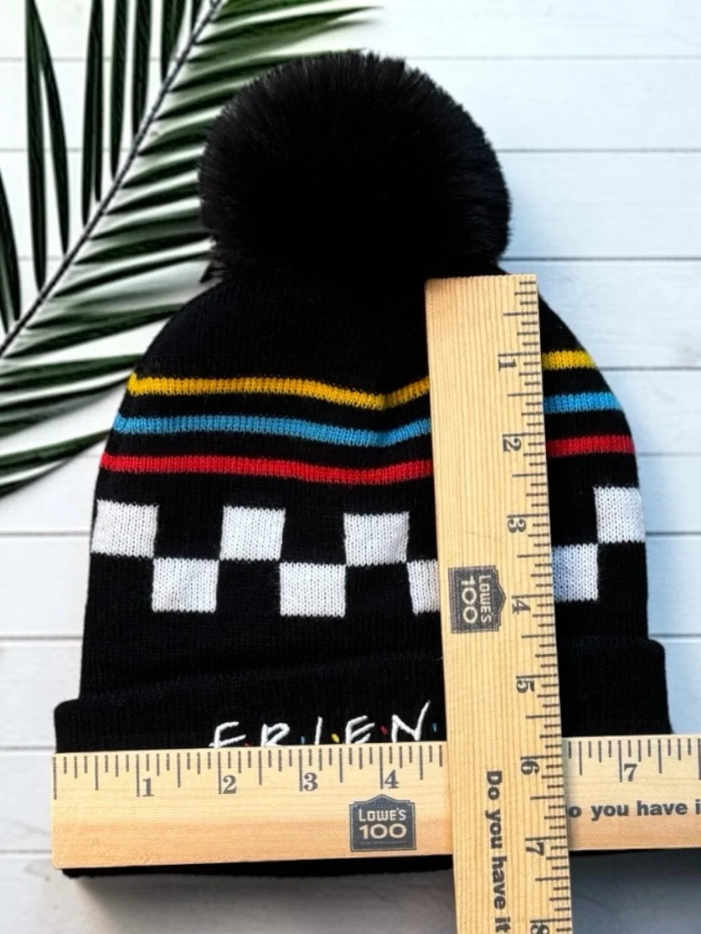 Friends TV Show Checkered Stripe Pom Pom Beanie Hat One Size Black Knit Cap